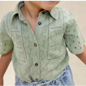 NEW Anthropologie forever that girl Kid Grn/Vert Lace Embroidered Button Blouse